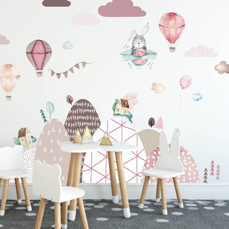 Αυτοκόλλητα τοίχου - Λόφοι και μπαλόνια σε ροζ χρώμα