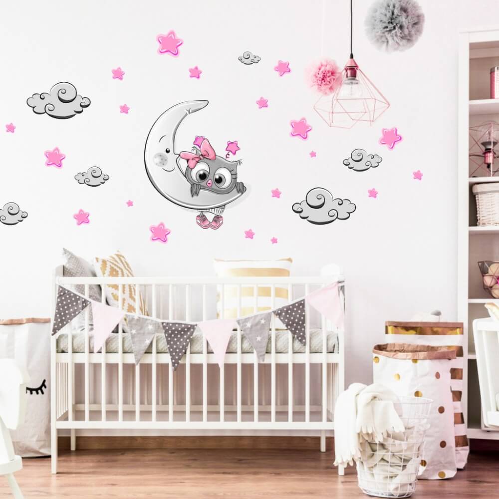 Αυτοκόλλητο παιδικού δωματίου - Ροζ-γκρι κουκουβάγια μωρό