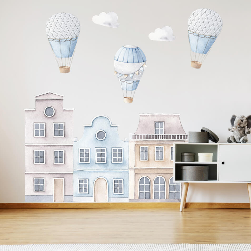 Μπλε σπίτια με αερόστατα για το παιδικό υπνοδωμάτιο